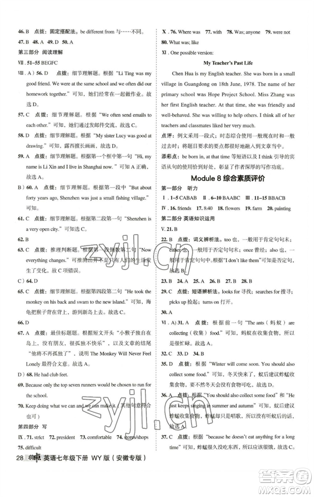 山西教育出版社2023綜合應(yīng)用創(chuàng)新題典中點七年級英語下冊外研版安徽專版參考答案