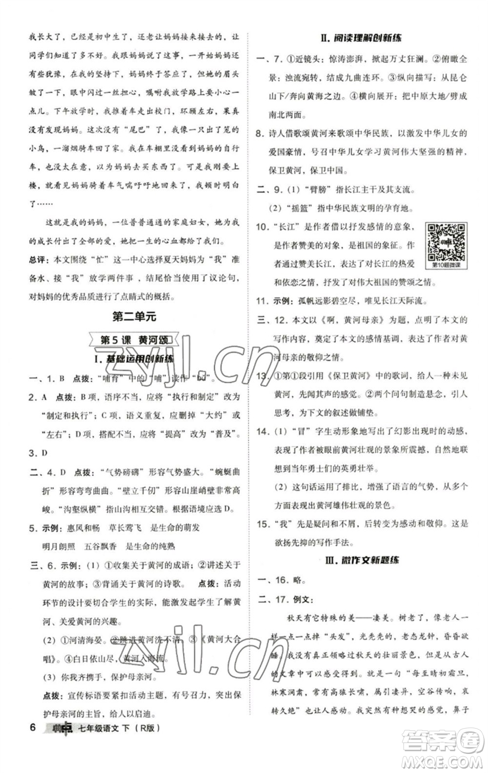 陜西人民教育出版社2023綜合應(yīng)用創(chuàng)新題典中點(diǎn)七年級語文下冊人教版參考答案