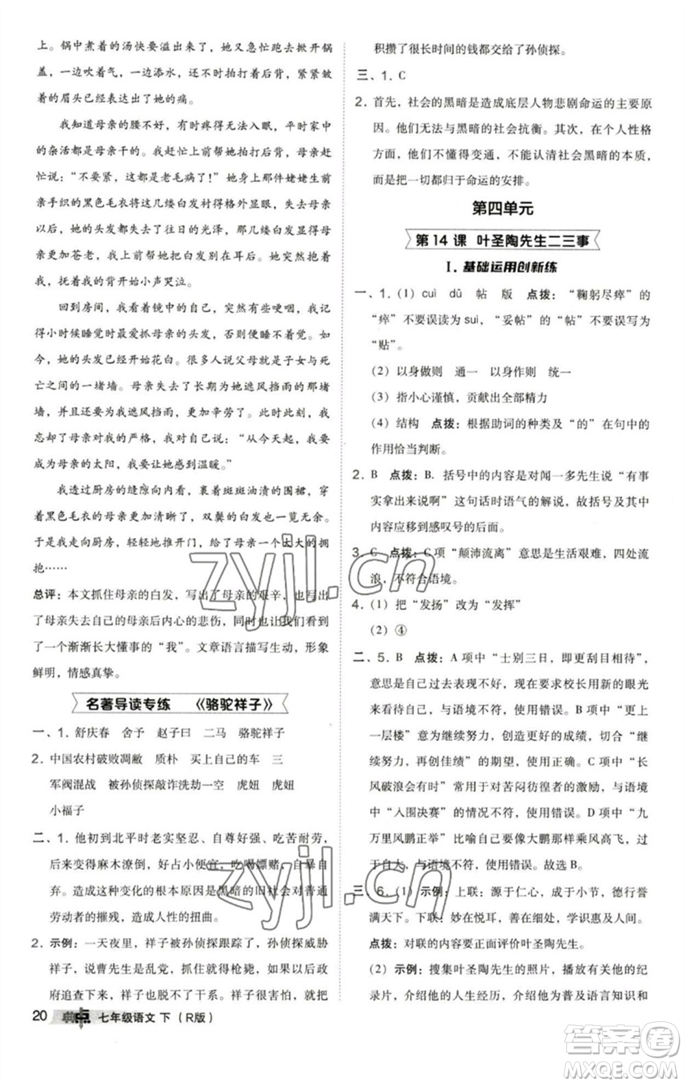 陜西人民教育出版社2023綜合應(yīng)用創(chuàng)新題典中點(diǎn)七年級語文下冊人教版參考答案