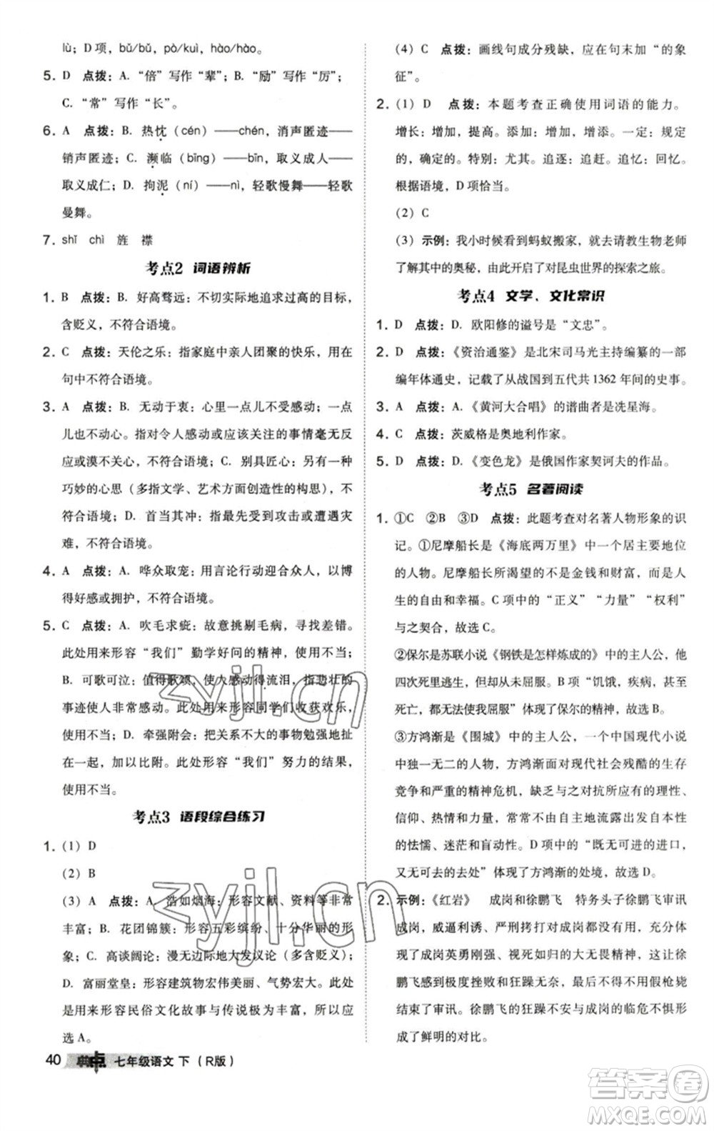 陜西人民教育出版社2023綜合應(yīng)用創(chuàng)新題典中點(diǎn)七年級語文下冊人教版參考答案