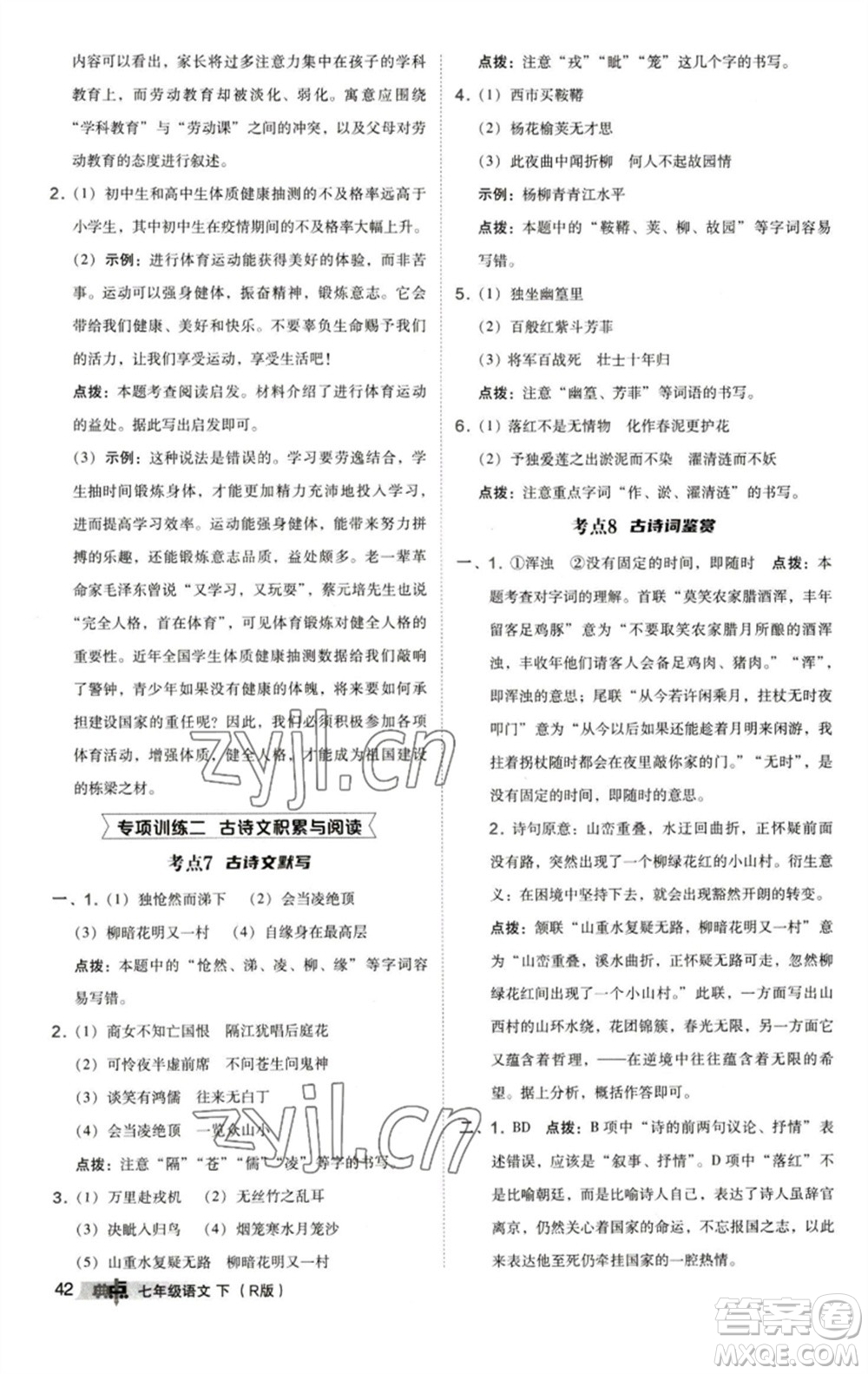 陜西人民教育出版社2023綜合應(yīng)用創(chuàng)新題典中點(diǎn)七年級語文下冊人教版參考答案