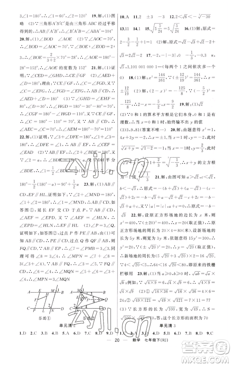 新疆青少年出版社2023四清導(dǎo)航七年級下冊數(shù)學人教版河南專版參考答案