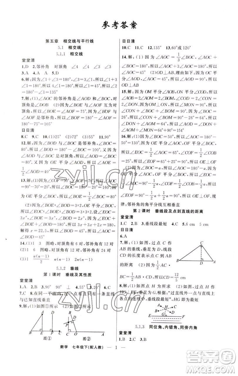 新疆青少年出版社2023四清導(dǎo)航七年級下冊數(shù)學(xué)人教版參考答案