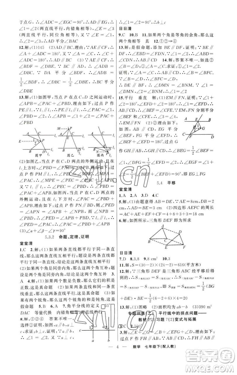 新疆青少年出版社2023四清導(dǎo)航七年級下冊數(shù)學(xué)人教版參考答案