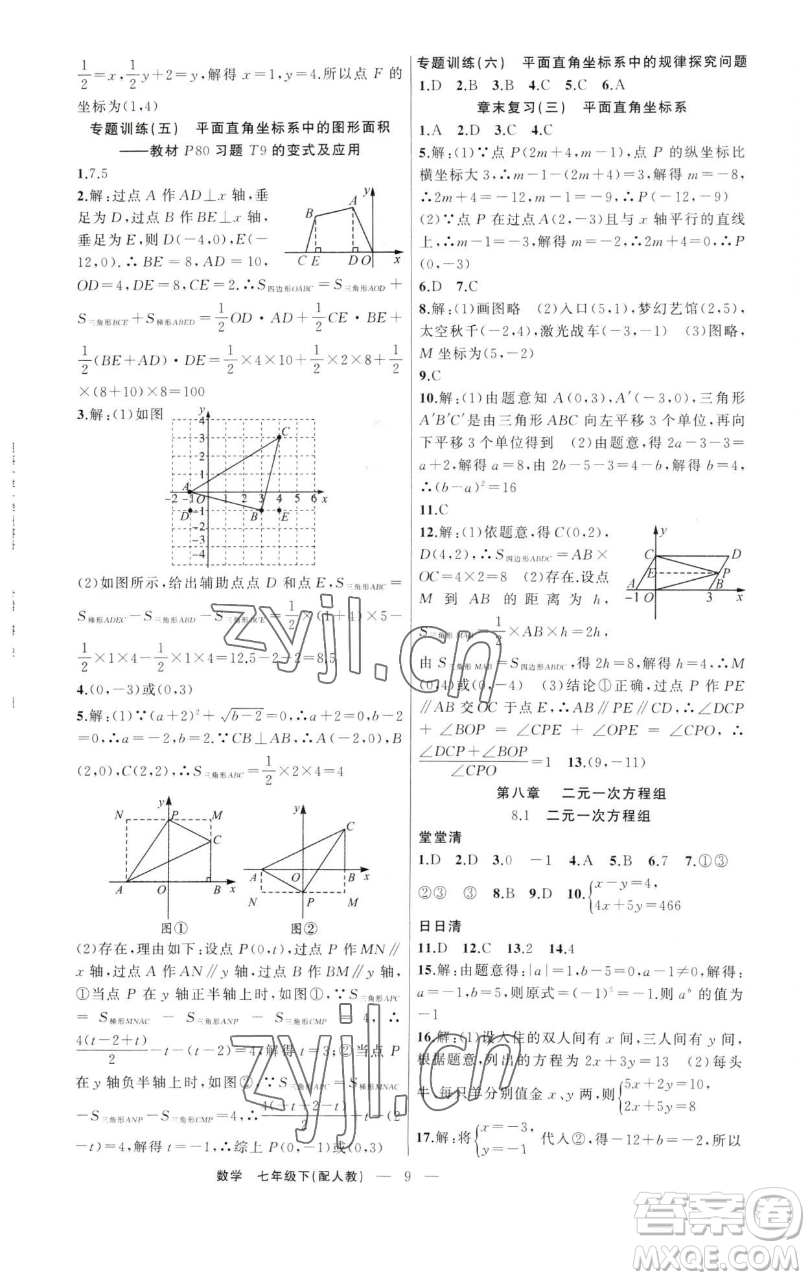 新疆青少年出版社2023四清導(dǎo)航七年級下冊數(shù)學(xué)人教版參考答案