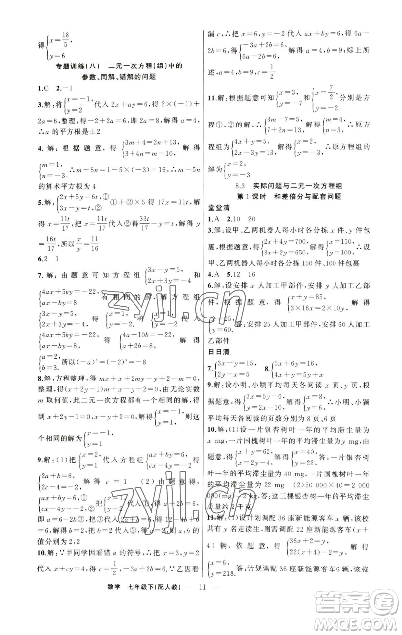 新疆青少年出版社2023四清導(dǎo)航七年級下冊數(shù)學(xué)人教版參考答案