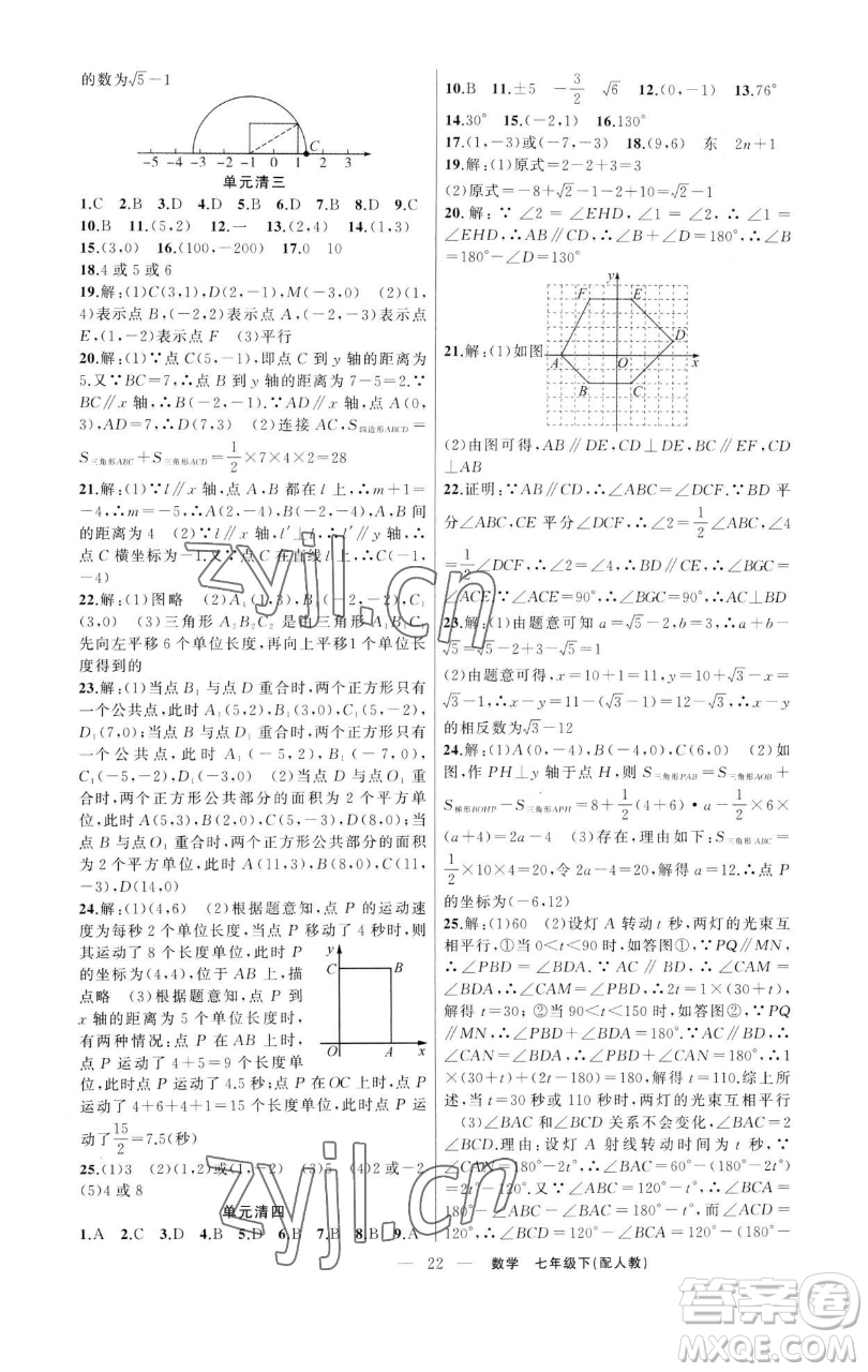 新疆青少年出版社2023四清導(dǎo)航七年級下冊數(shù)學(xué)人教版參考答案