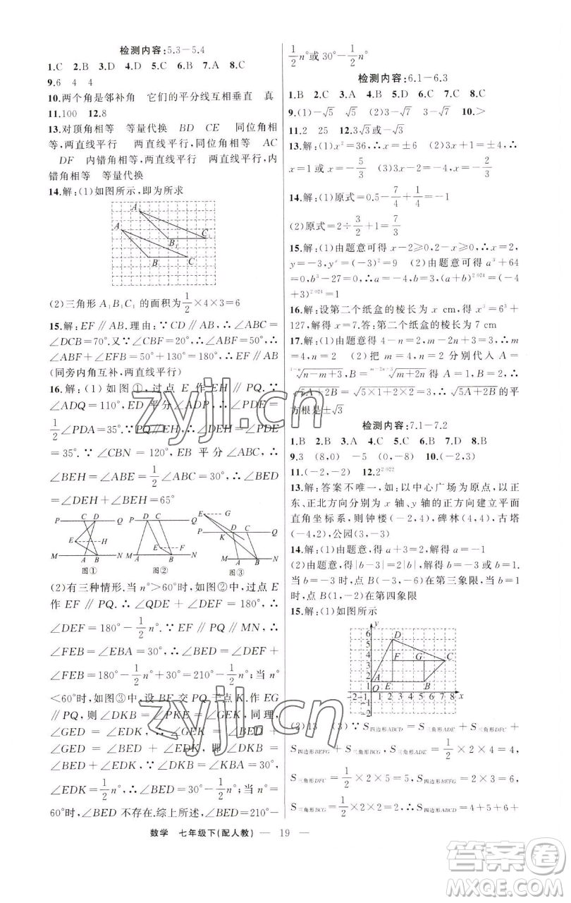 新疆青少年出版社2023四清導(dǎo)航七年級下冊數(shù)學(xué)人教版參考答案