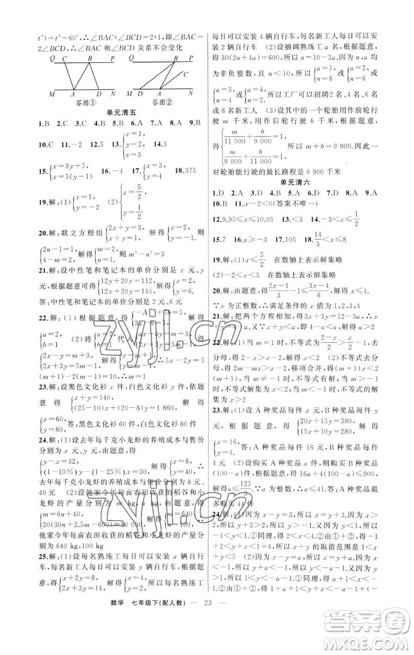 新疆青少年出版社2023四清導(dǎo)航七年級下冊數(shù)學(xué)人教版參考答案