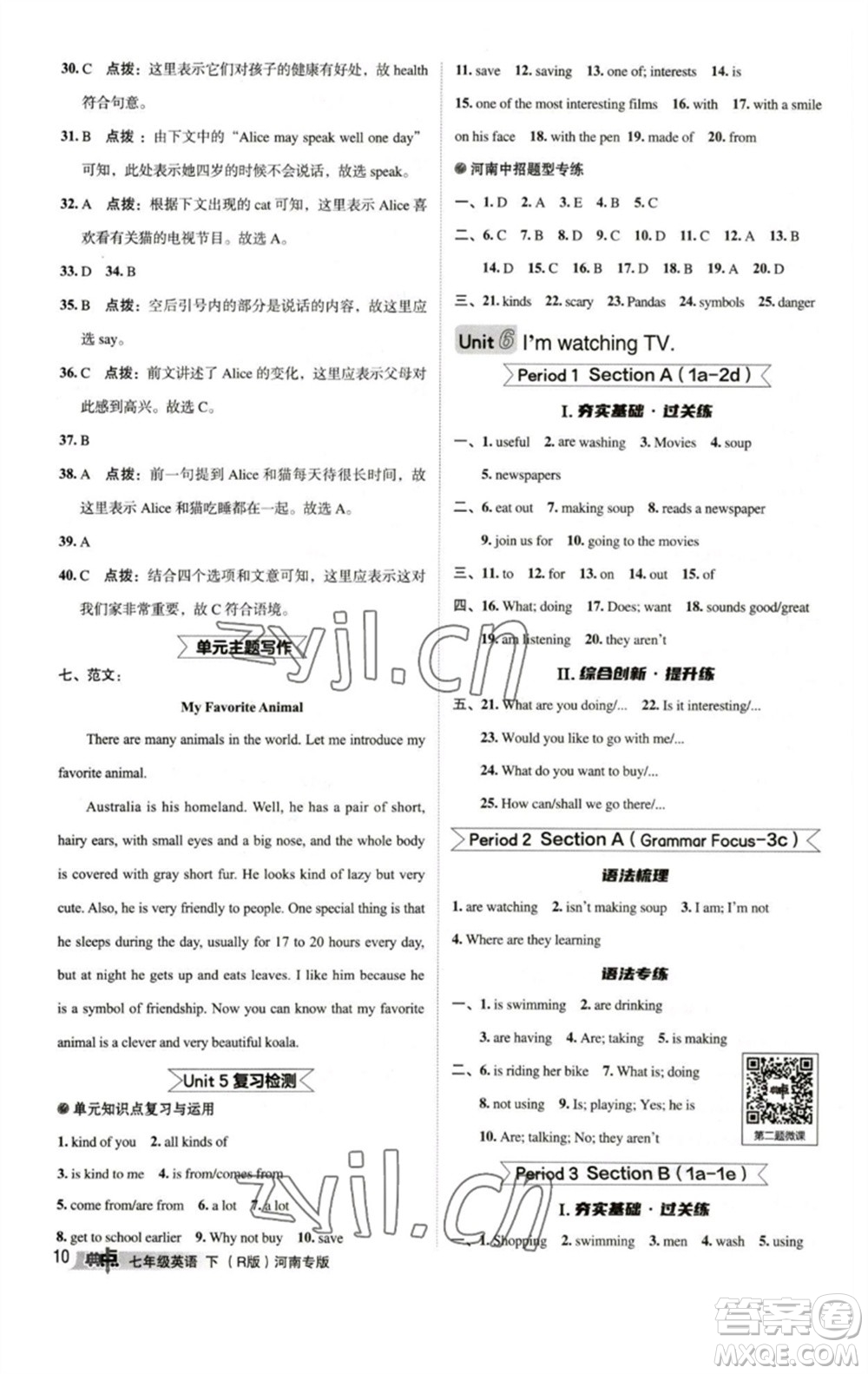 吉林教育出版社2023綜合應(yīng)用創(chuàng)新題典中點(diǎn)七年級(jí)英語(yǔ)下冊(cè)人教版河南專版參考答案