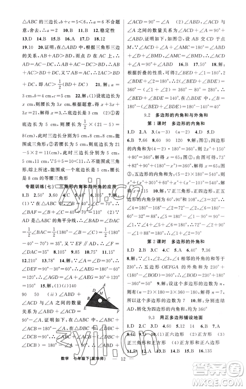 新疆青少年出版社2023四清導(dǎo)航七年級下冊數(shù)學(xué)華師版參考答案