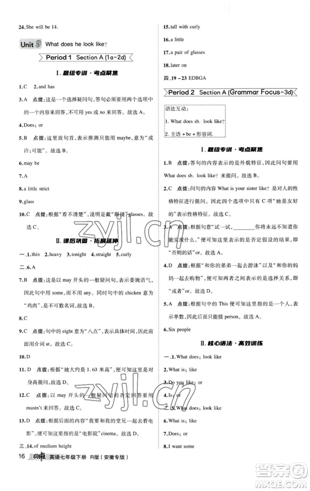 山西教育出版社2023綜合應用創(chuàng)新題典中點七年級英語下冊人教版安徽專版參考答案