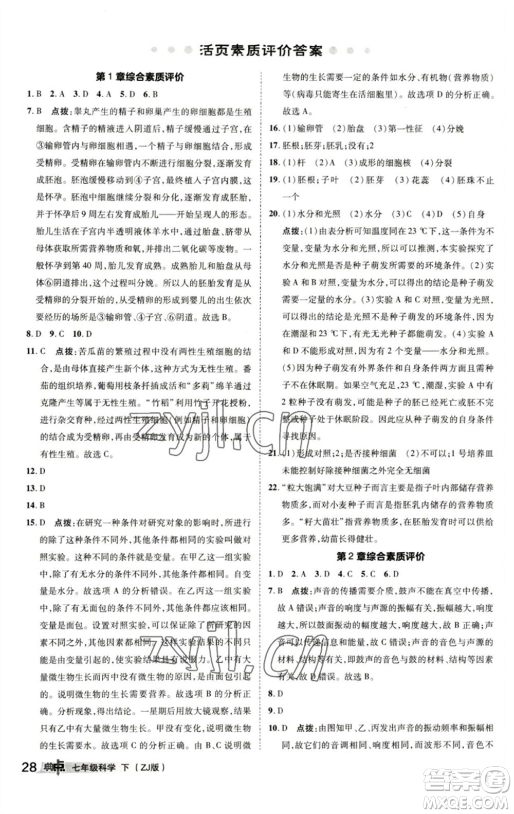 陜西人民教育出版社2023綜合應用創(chuàng)新題典中點七年級科學下冊浙教版參考答案