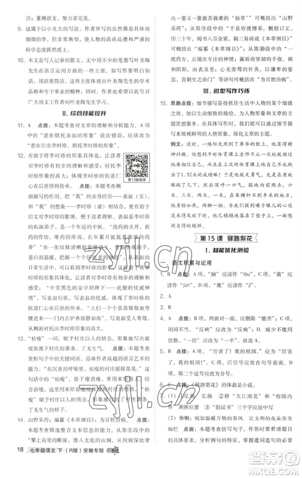 吉林教育出版社2023綜合應用創(chuàng)新題典中點七年級語文下冊人教版安徽專版參考答案