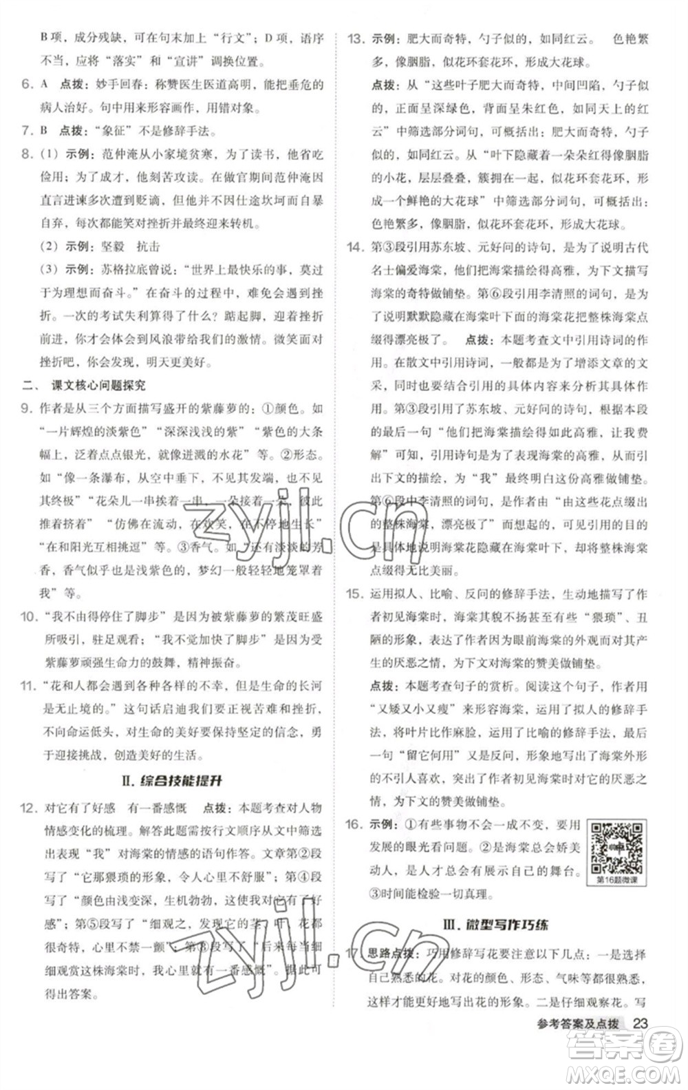 吉林教育出版社2023綜合應用創(chuàng)新題典中點七年級語文下冊人教版安徽專版參考答案