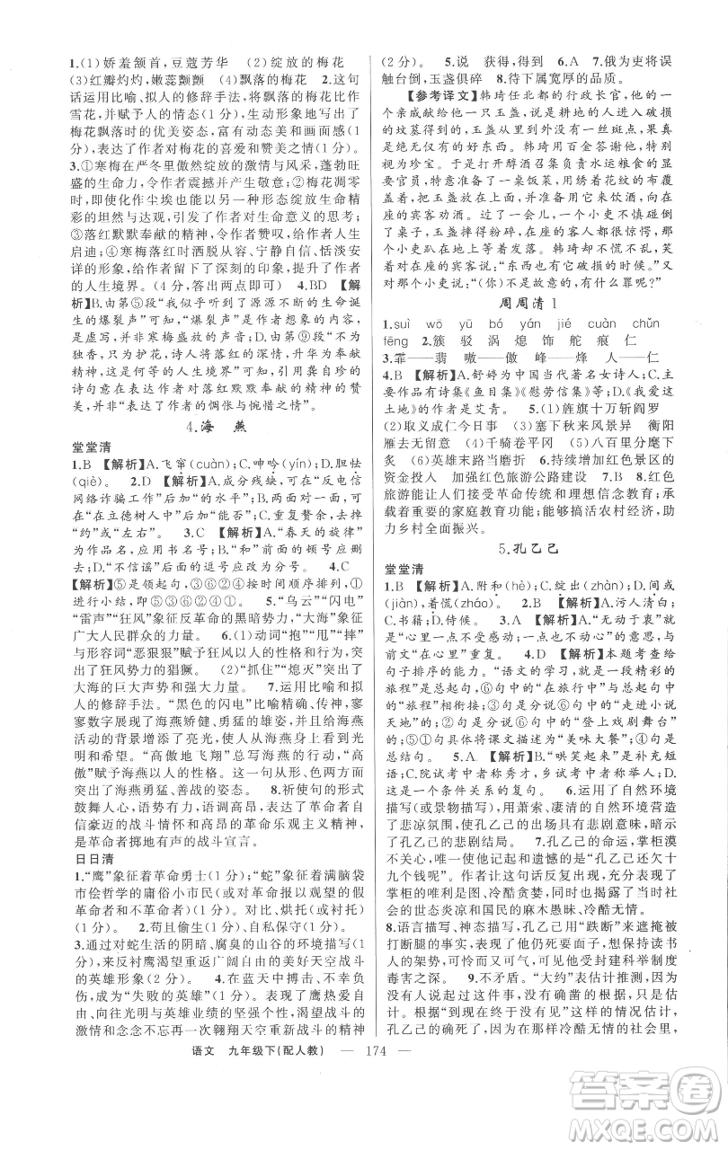 新疆青少年出版社2023四清導(dǎo)航九年級下冊語文人教版參考答案