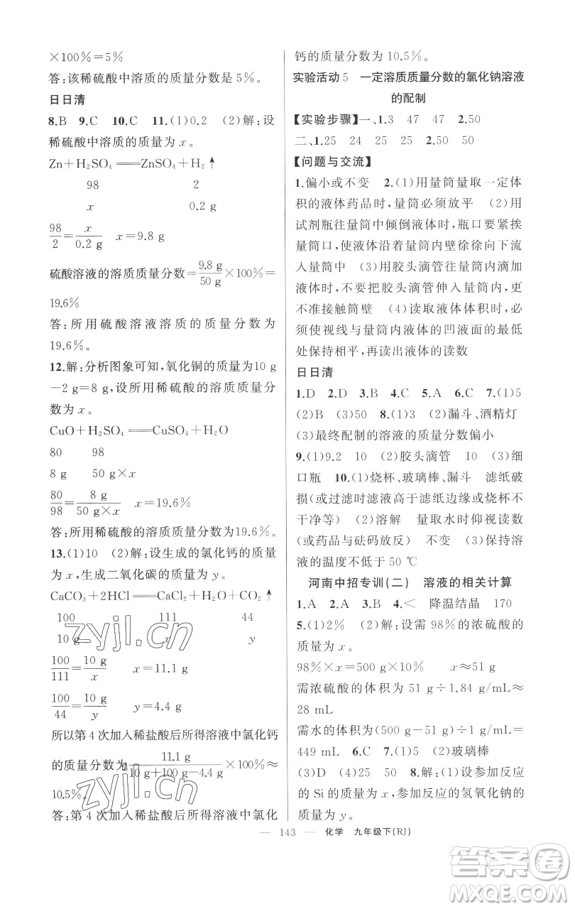 新疆青少年出版社2023四清導(dǎo)航九年級(jí)下冊(cè)化學(xué)人教版河南專版參考答案