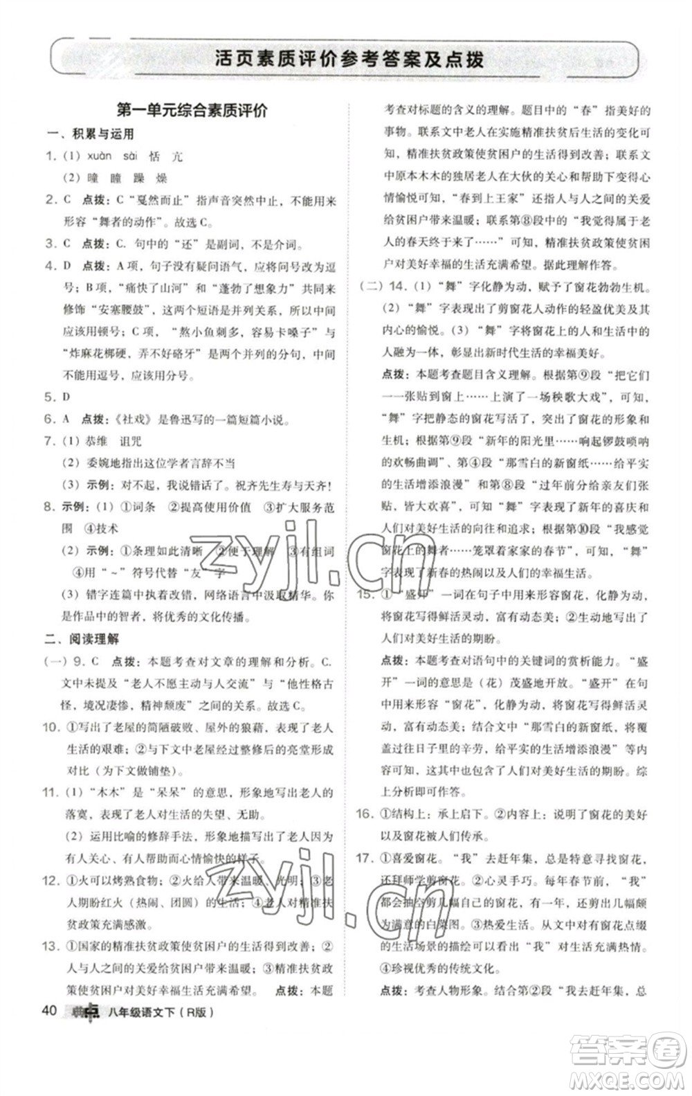 陜西人民教育出版社2023綜合應(yīng)用創(chuàng)新題典中點(diǎn)八年級(jí)語(yǔ)文下冊(cè)人教版參考答案