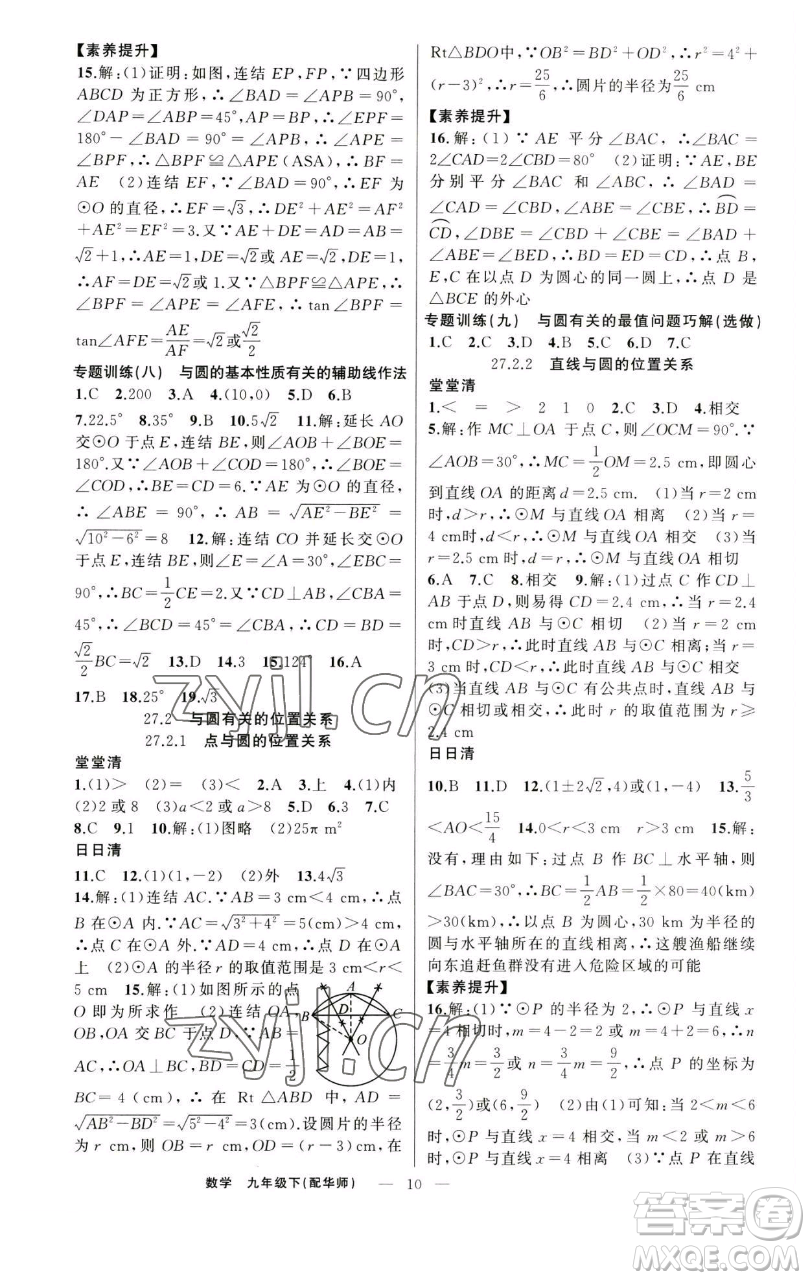 新疆青少年出版社2023四清導(dǎo)航九年級下冊數(shù)學(xué)華師大版參考答案