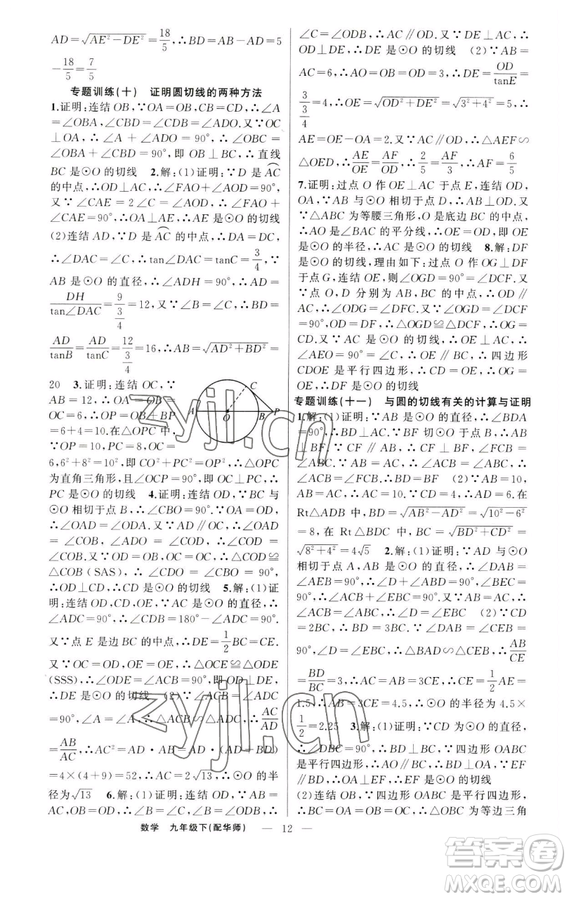 新疆青少年出版社2023四清導(dǎo)航九年級下冊數(shù)學(xué)華師大版參考答案