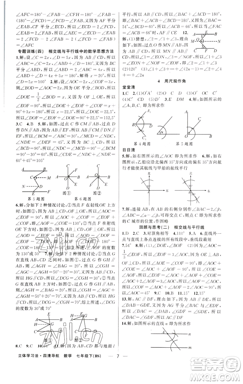 新疆青少年出版社2023四清導航七年級下冊數(shù)學北師大版遼寧專版參考答案