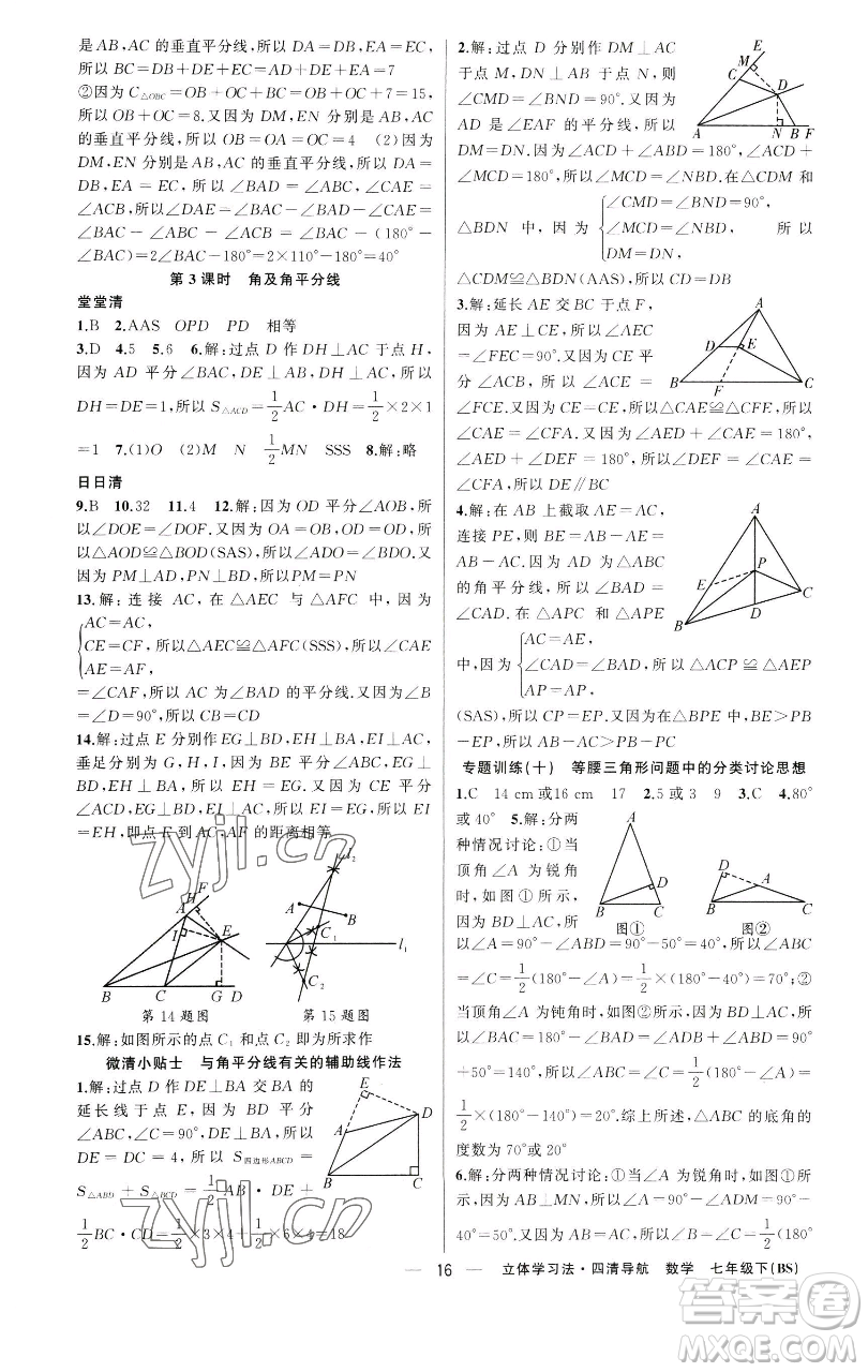 新疆青少年出版社2023四清導航七年級下冊數(shù)學北師大版遼寧專版參考答案