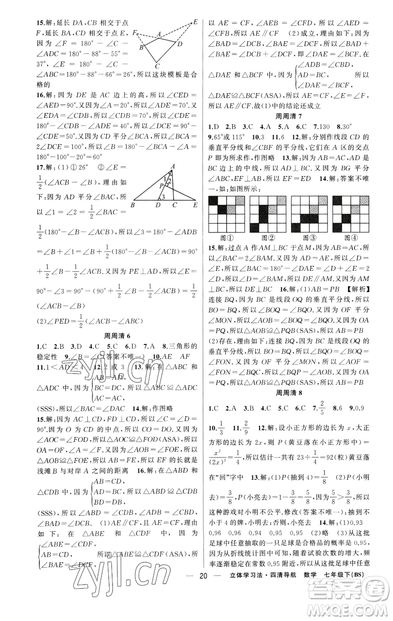 新疆青少年出版社2023四清導航七年級下冊數(shù)學北師大版遼寧專版參考答案