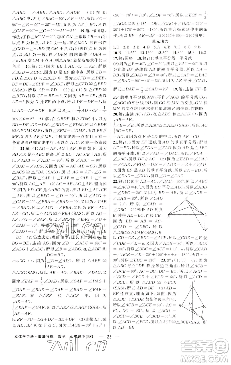 新疆青少年出版社2023四清導航七年級下冊數(shù)學北師大版遼寧專版參考答案