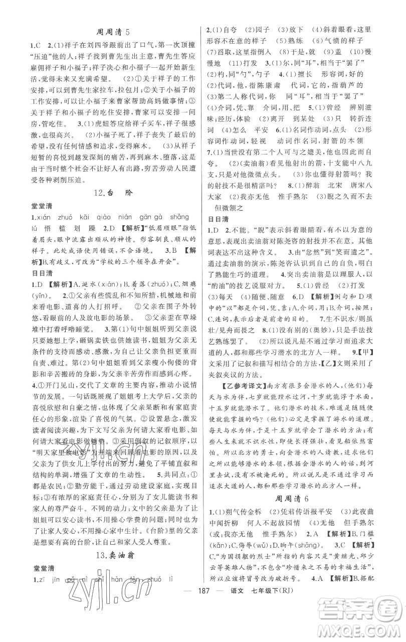 新疆青少年出版社2023四清導(dǎo)航七年級(jí)下冊(cè)語(yǔ)文人教版黃岡專版參考答案