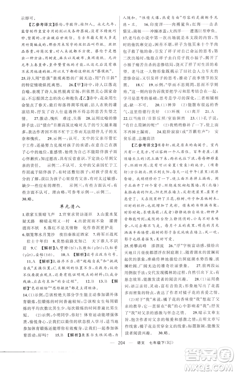 新疆青少年出版社2023四清導(dǎo)航七年級(jí)下冊(cè)語(yǔ)文人教版黃岡專版參考答案