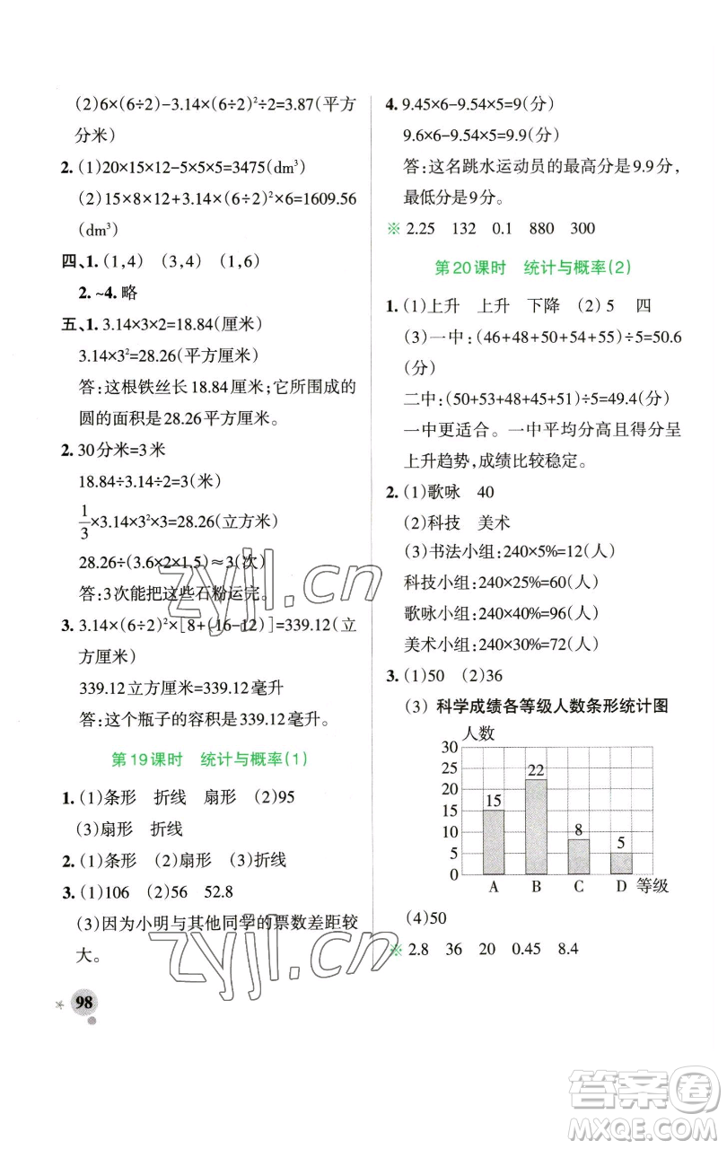 遼寧教育出版社2023小學(xué)學(xué)霸作業(yè)本六年級下冊數(shù)學(xué)青島版山東專版參考答案