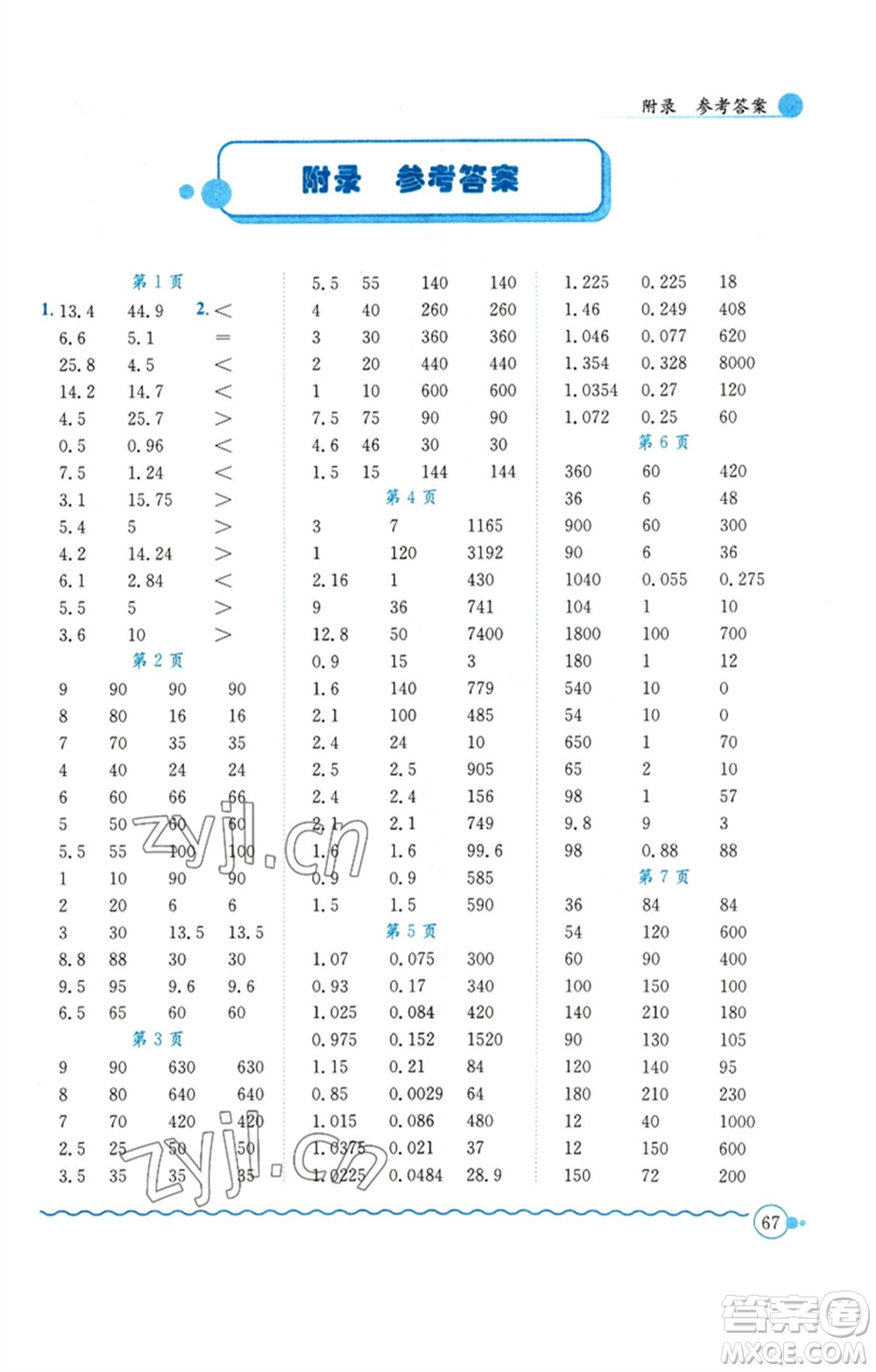 龍門書局2023黃岡小狀元口算速算練習冊六年級數(shù)學下冊人教版參考答案