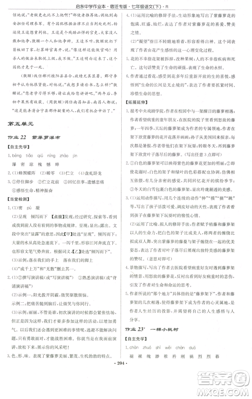 龍門書局2023啟東中學(xué)作業(yè)本七年級(jí)下冊(cè)語(yǔ)文人教版宿遷專版參考答案