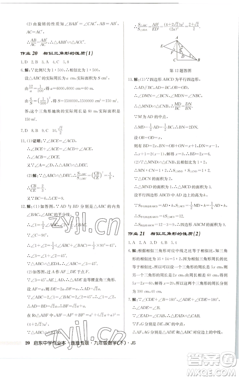 龍門書局2023啟東中學(xué)作業(yè)本九年級下冊數(shù)學(xué)蘇科版連淮專版參考答案