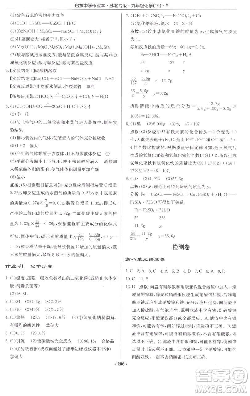 龍門書局2023啟東中學(xué)作業(yè)本九年級下冊化學(xué)人教版蘇北專版參考答案