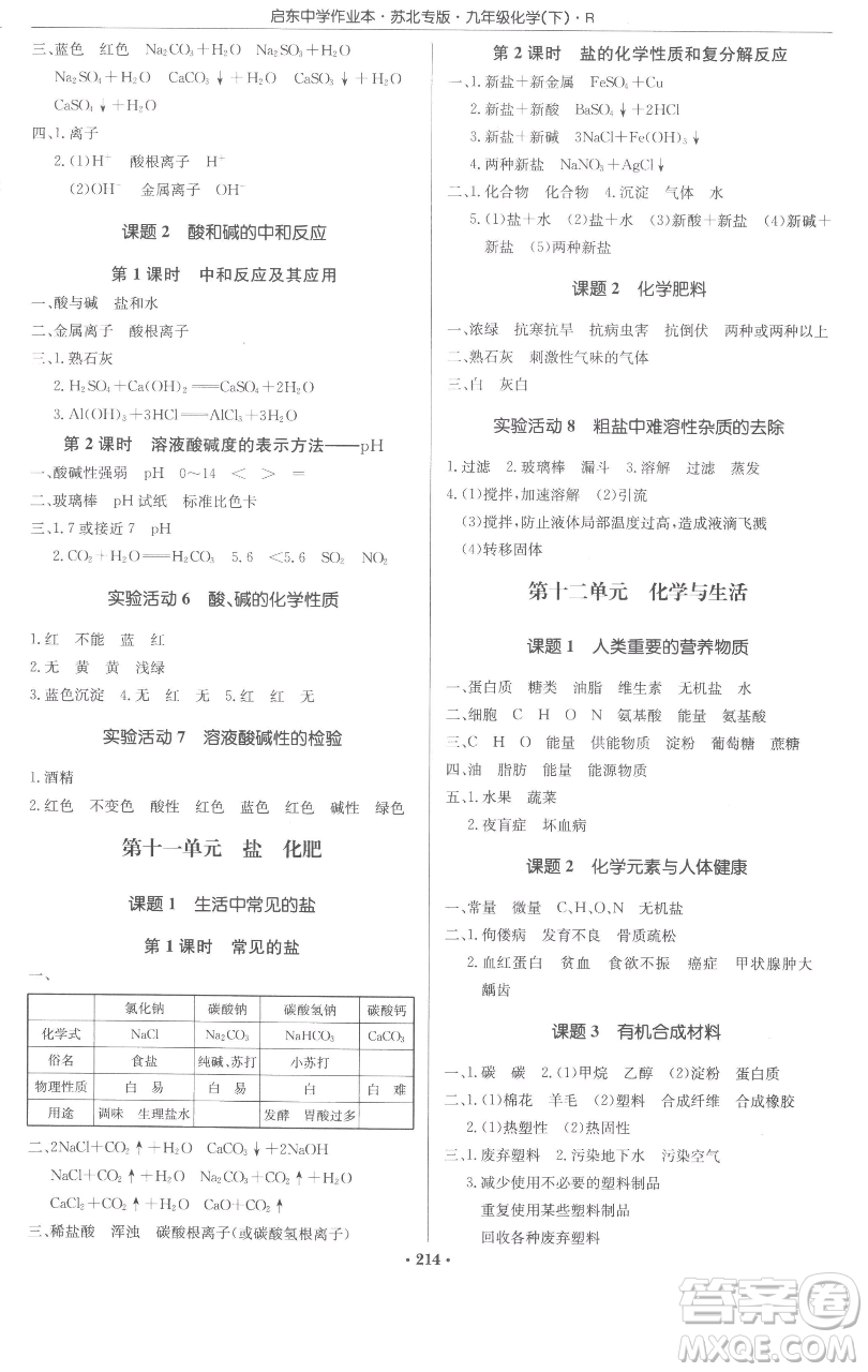 龍門書局2023啟東中學(xué)作業(yè)本九年級下冊化學(xué)人教版蘇北專版參考答案