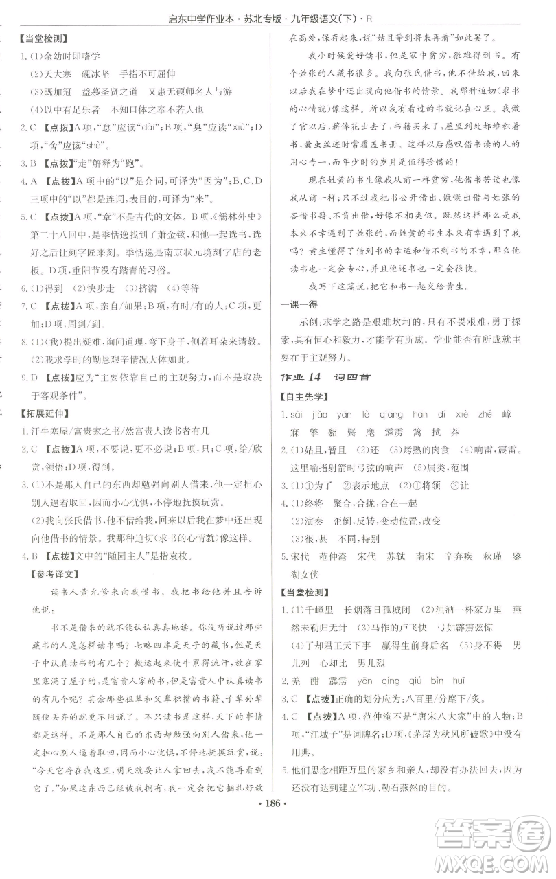 龍門書(shū)局2023啟東中學(xué)作業(yè)本九年級(jí)下冊(cè)語(yǔ)文人教版蘇北專版參考答案