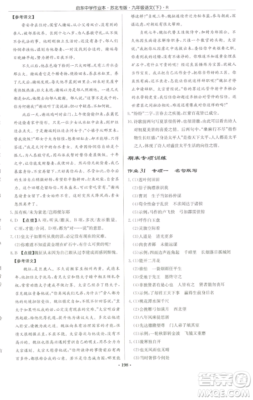 龍門書(shū)局2023啟東中學(xué)作業(yè)本九年級(jí)下冊(cè)語(yǔ)文人教版蘇北專版參考答案