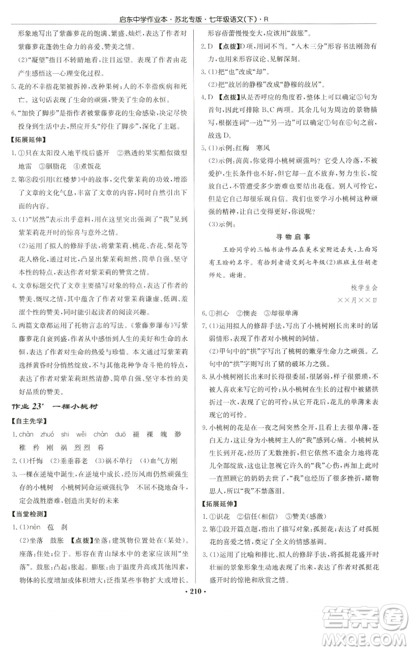 龍門(mén)書(shū)局2023啟東中學(xué)作業(yè)本七年級(jí)下冊(cè)語(yǔ)文人教版蘇北專(zhuān)版參考答案