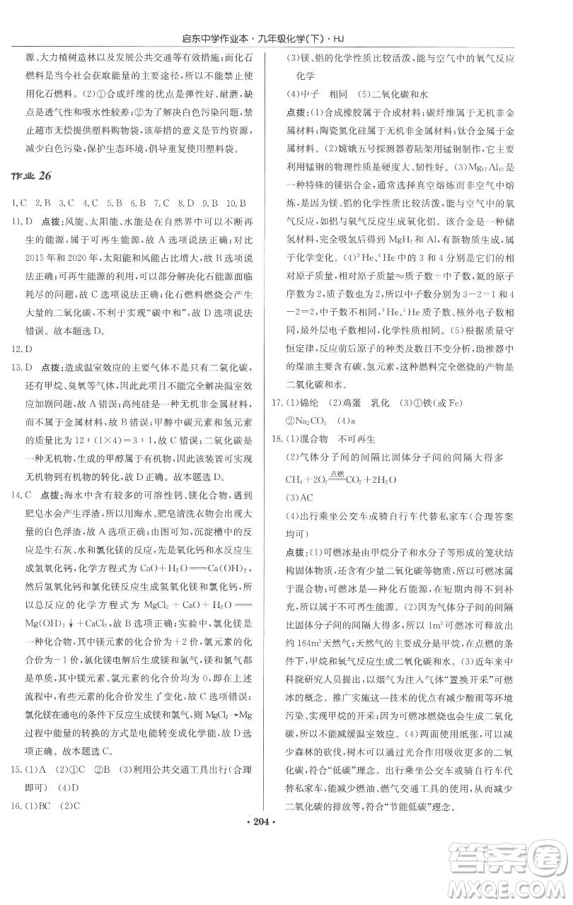 龍門書局2023啟東中學(xué)作業(yè)本九年級(jí)下冊(cè)化學(xué)滬教版參考答案