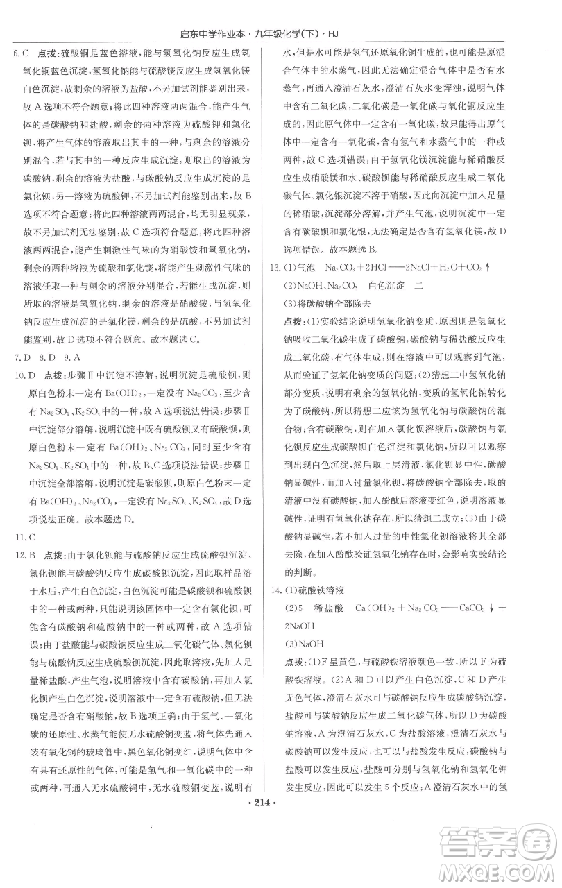 龍門書局2023啟東中學(xué)作業(yè)本九年級(jí)下冊(cè)化學(xué)滬教版參考答案