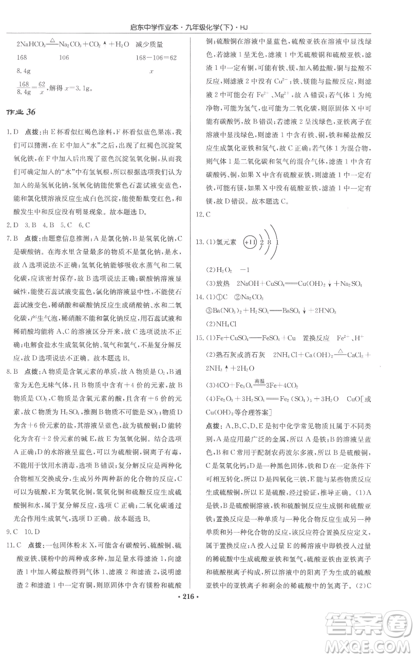 龍門書局2023啟東中學(xué)作業(yè)本九年級(jí)下冊(cè)化學(xué)滬教版參考答案