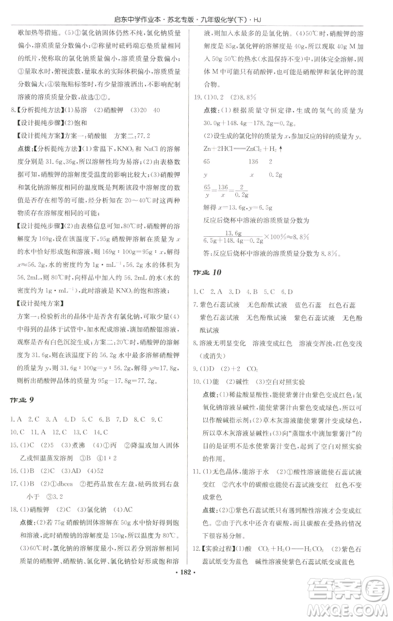 龍門書局2023啟東中學(xué)作業(yè)本九年級(jí)下冊(cè)化學(xué)滬教版蘇北專版參考答案