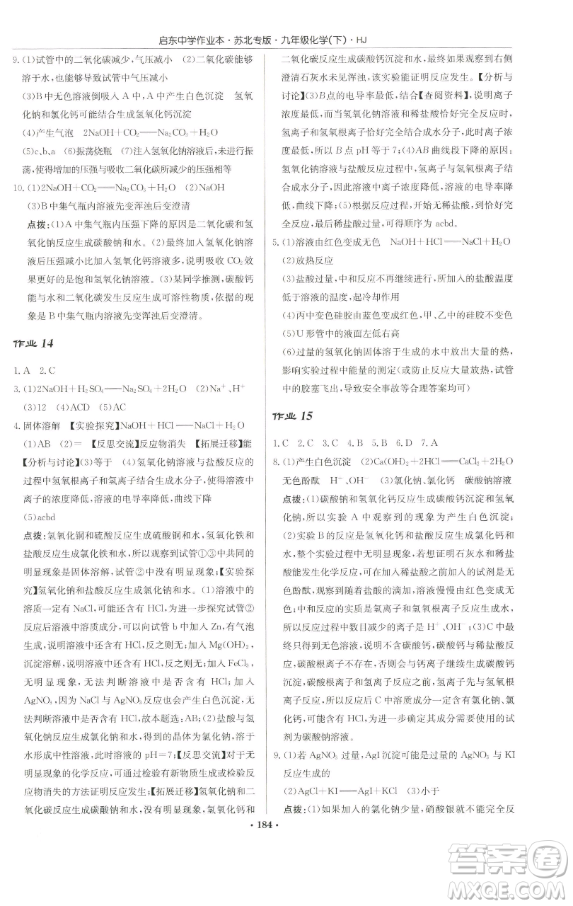 龍門書局2023啟東中學(xué)作業(yè)本九年級(jí)下冊(cè)化學(xué)滬教版蘇北專版參考答案