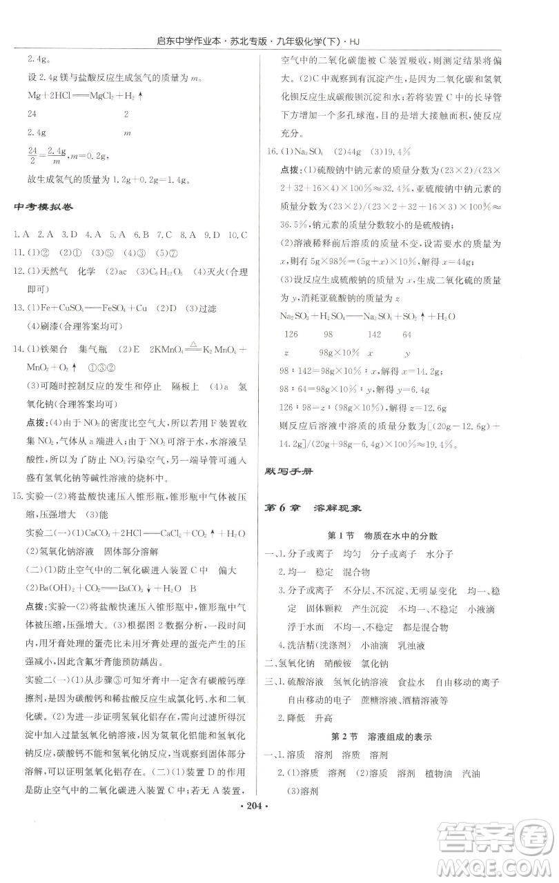 龍門書局2023啟東中學(xué)作業(yè)本九年級(jí)下冊(cè)化學(xué)滬教版蘇北專版參考答案