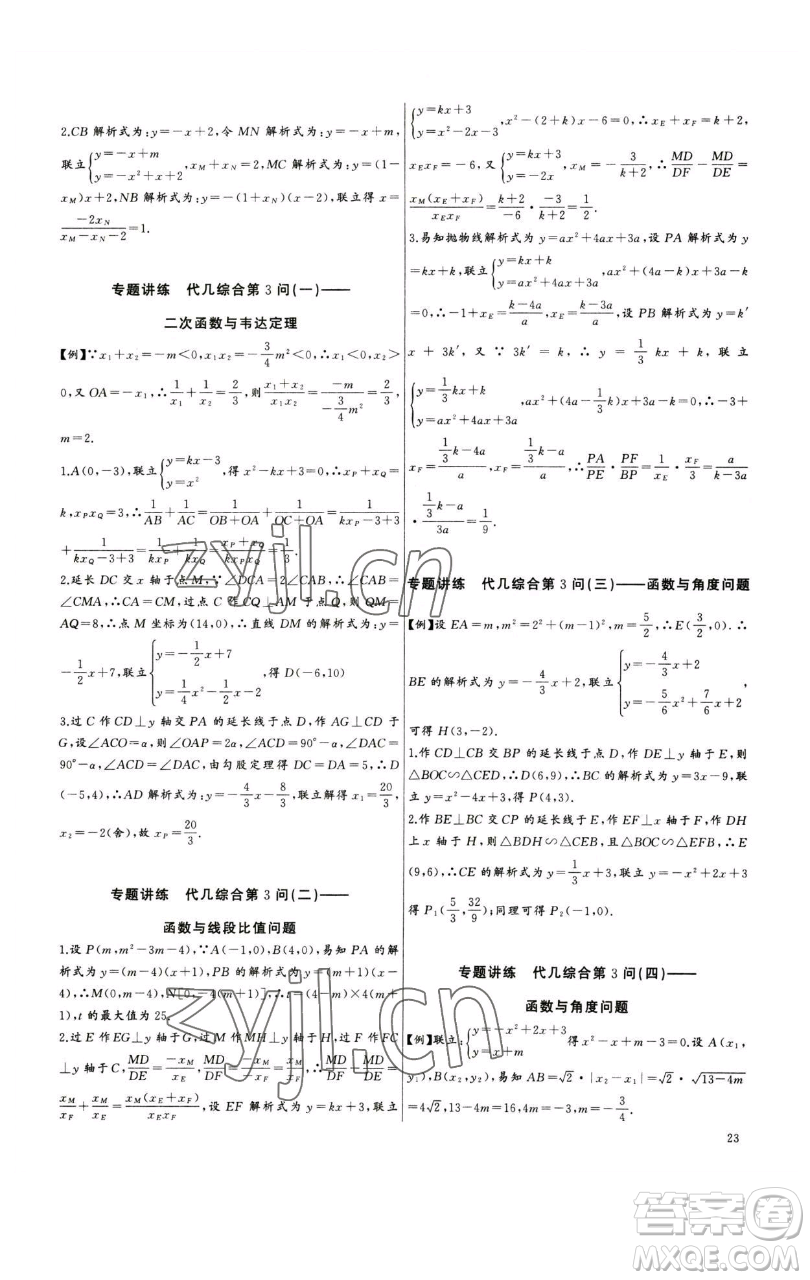 長(zhǎng)江少年兒童出版社2023思維新觀察中考數(shù)學(xué)專題復(fù)習(xí)參考答案