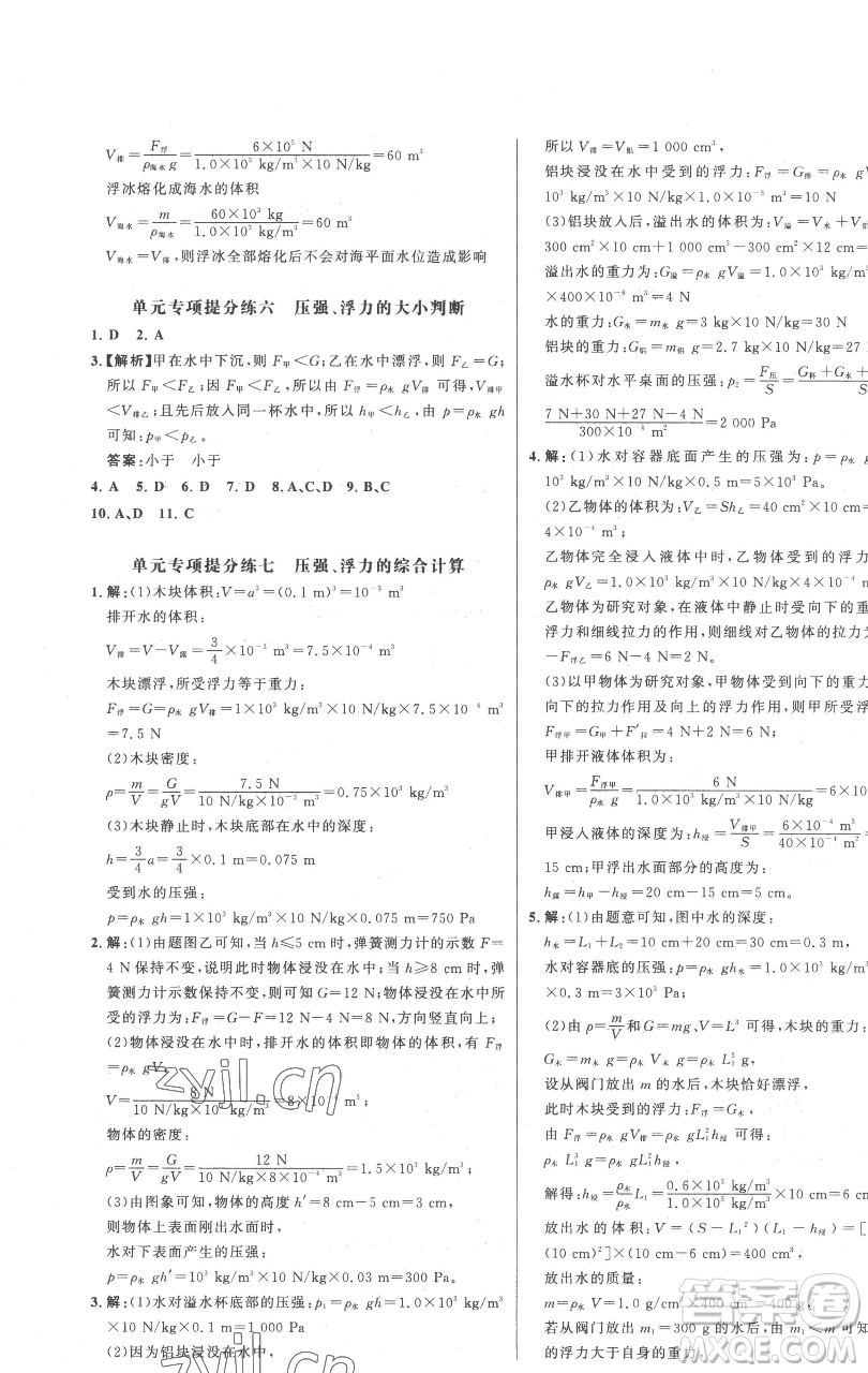 延邊大學(xué)出版社2023世紀(jì)金榜百練百勝八年級下冊物理人教版參考答案