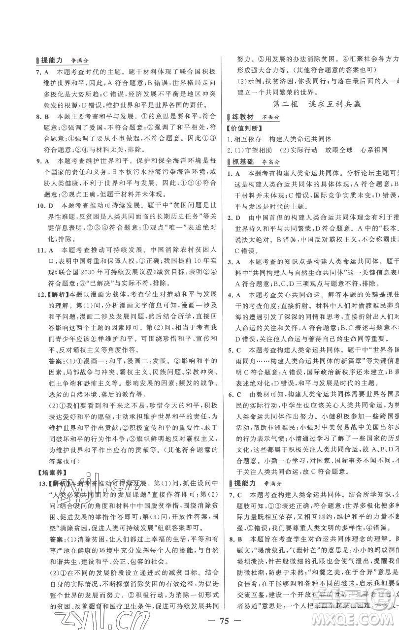 延邊大學(xué)出版社2023世紀(jì)金榜百練百勝九年級(jí)下冊(cè)道德與法治人教版參考答案