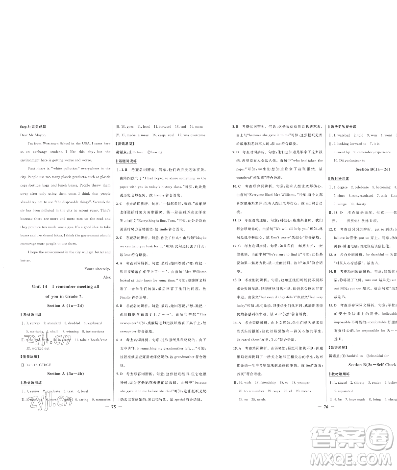 延邊大學出版社2023世紀金榜百練百勝九年級下冊英語人教版參考答案