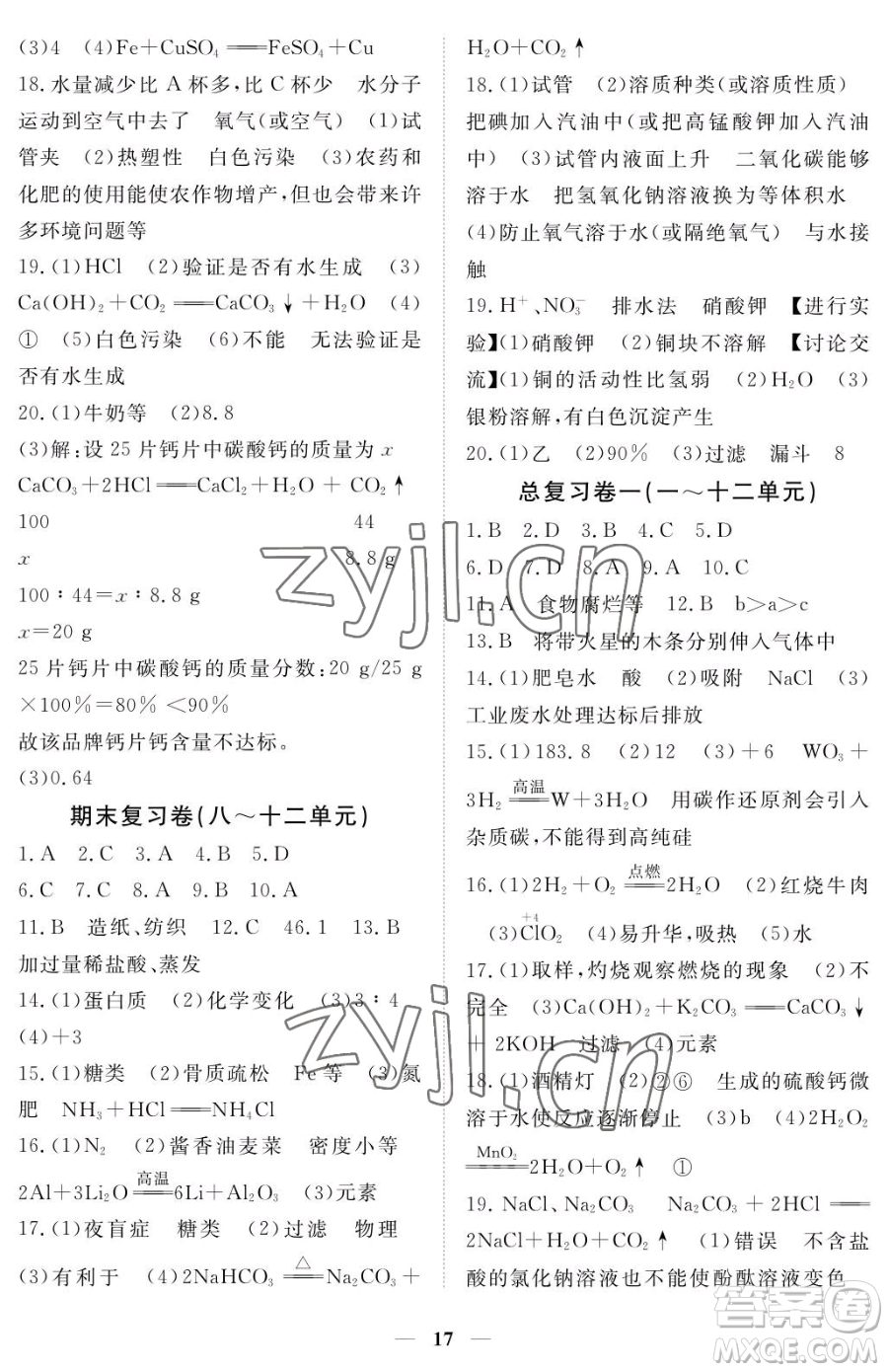 江西人民出版社2023一課一練創(chuàng)新練習(xí)九年級下冊化學(xué)人教版參考答案